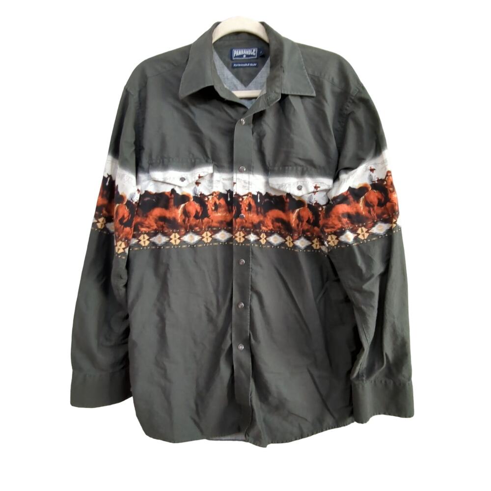 Panhandle Slim Western Shirt Mens Large Pearl Snap Western Green Horses Aztec
